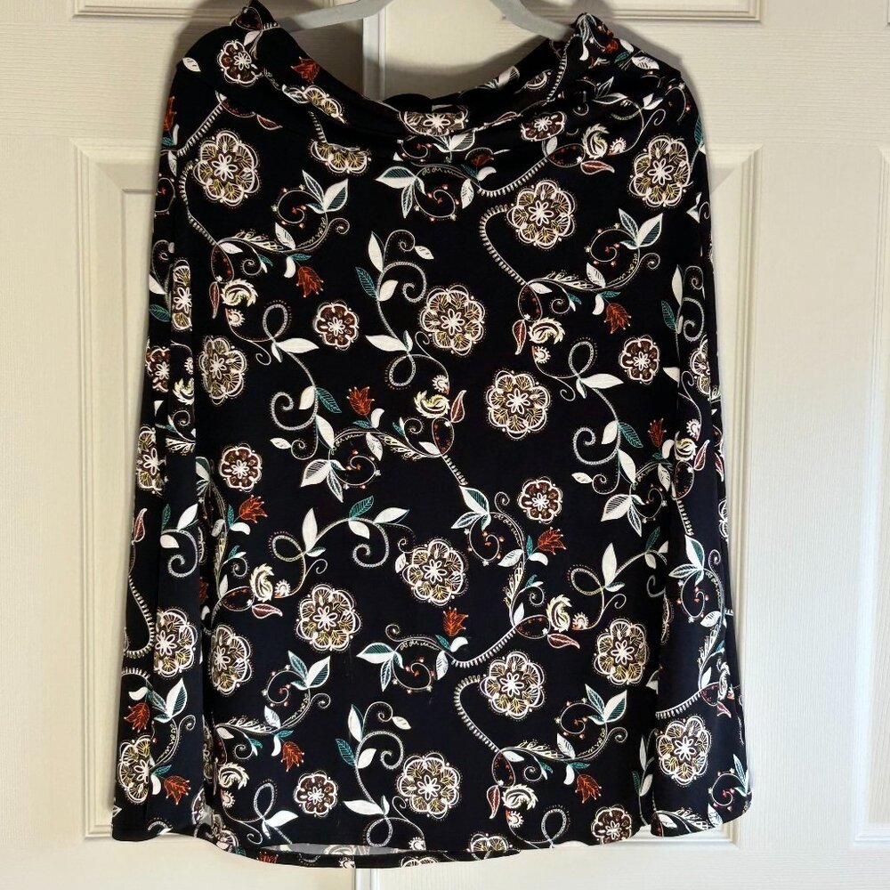 Ashley Blue floral midi A-line skirt lightweight, elastic waist band Size Large